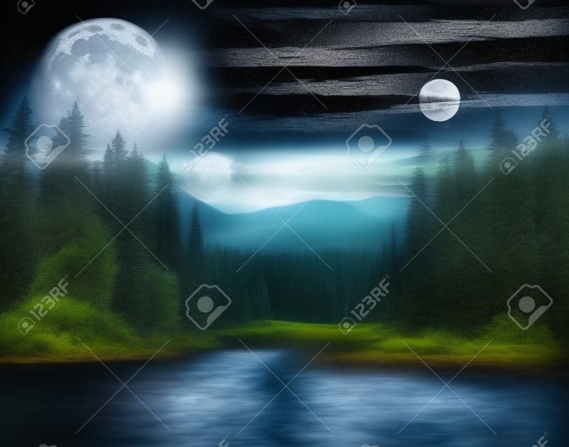 collage day and night landscape with pine trees in mountains and a river in front flowing to lake with full moon