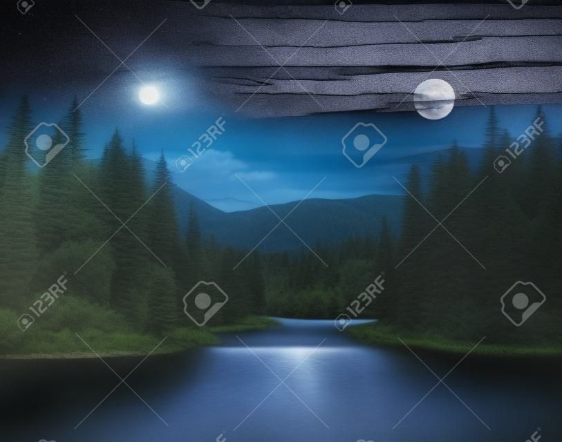 collage dag en nacht landschap met dennenbomen in de bergen en een rivier aan de voorkant stromen naar het meer met volle maan