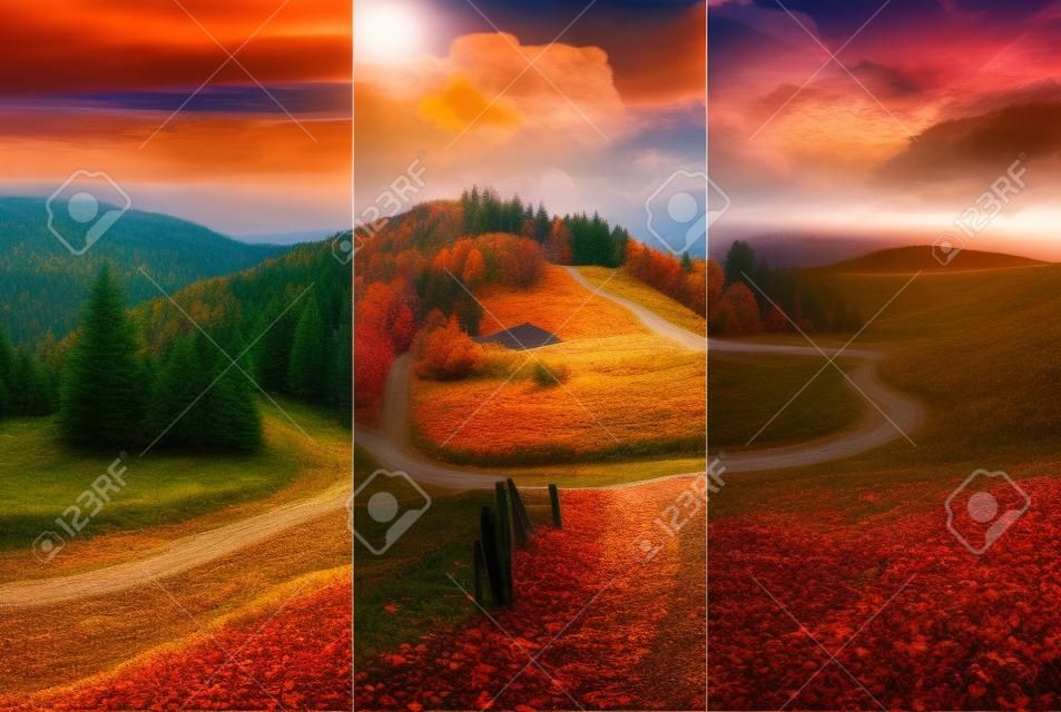 day and night composite autumn landscape. fence near the cross road on hillside meadow in mountains. few fir trees of forest  on both sides of the road