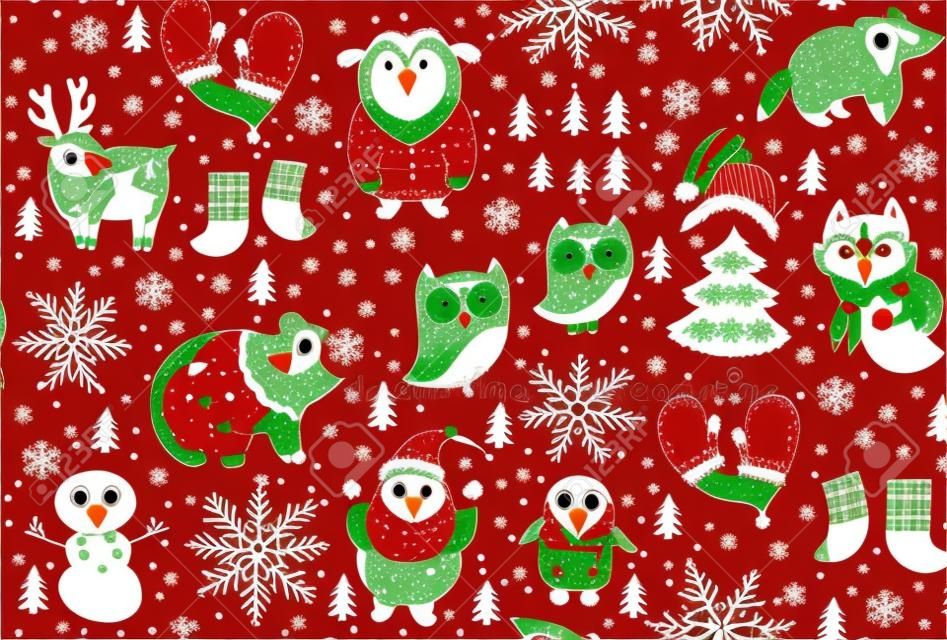 卡通聖誕節聖誕老人，狐狸，鹿，雪人，可愛的貓頭鷹和其他元素無縫模式。無縫模式可用於牆紙，網頁的背景。矢量插圖