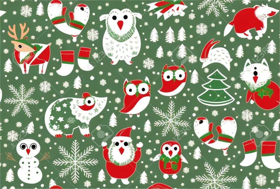 卡通聖誕節聖誕老人，狐狸，鹿，雪人，可愛的貓頭鷹和其他元素無縫模式。無縫模式可用於牆紙，網頁的背景。矢量插圖