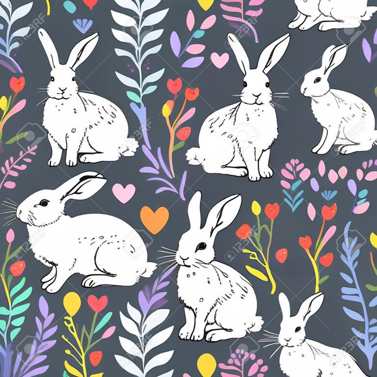 Vector seamless pattern with cute white bunnies, hearts and floral elements - leaves, branches, berries and flowers. Hand drawing texture