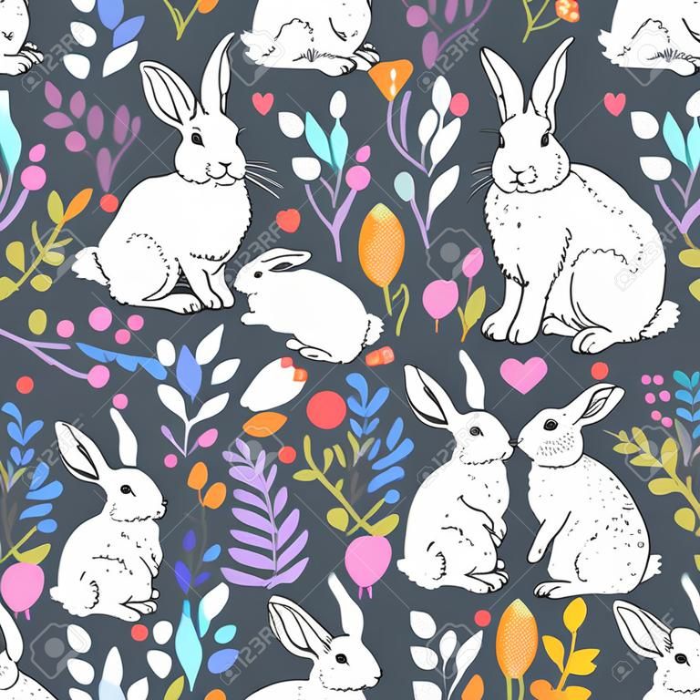 Vector naadloos patroon met schattige witte konijntjes, hartjes en bloemelementen - bladeren, takken, bessen en bloemen.