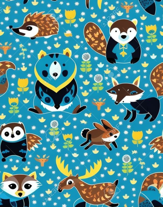 Woodland amis animaux de la forêt en arrière-plan bleu. motif d'animaux sauvages mignons dans la forêt - renard, castor, raton laveur, ours, hérisson, cerfs et hibou.
