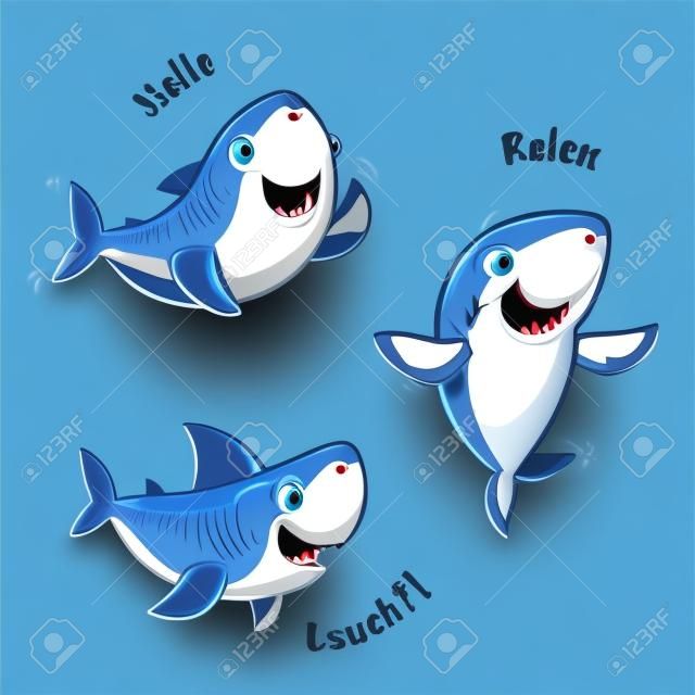Állítsa be a kék cápa rajzfilmfigura elszigetelt fehér háttér