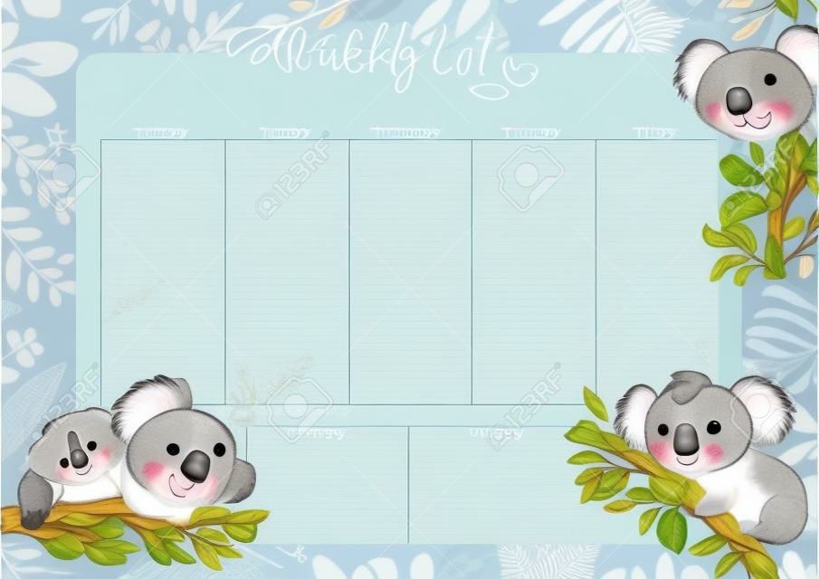 Koalas ile şirin haftalık takvim planlayıcısı. Tasarım şablonu planlayın.