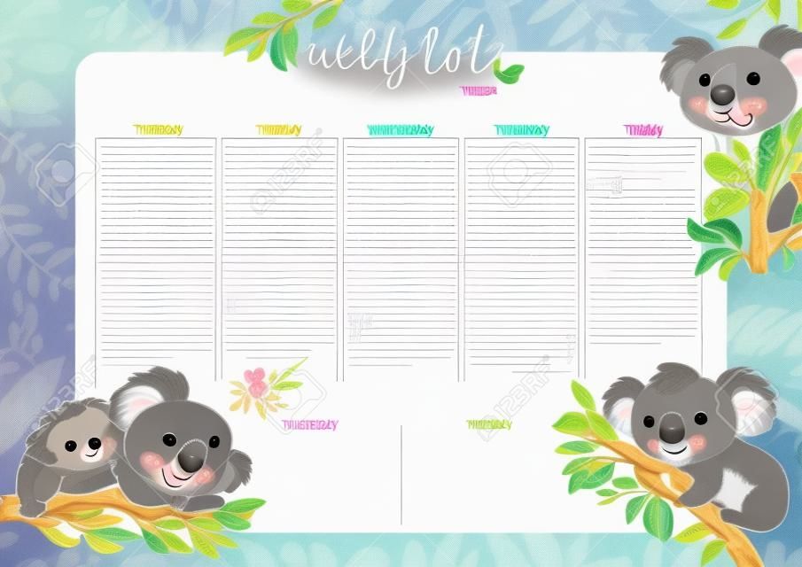 可愛的每週日曆計劃與考拉。計劃設計模板。
