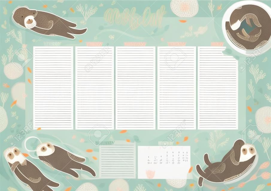 Cute weekly calendar planner with otters. Vector design