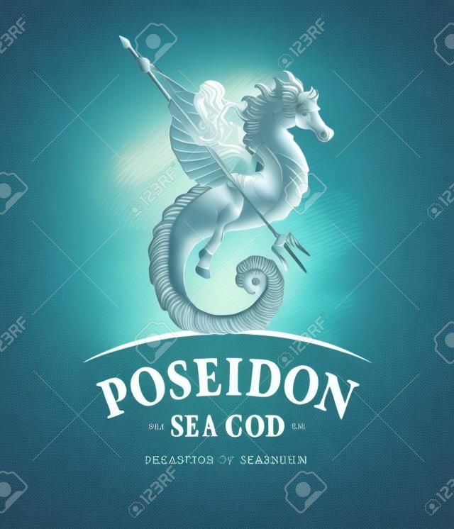Ilustração vetorial de Poseidon deus dos mares montando um cavalo-marinho.