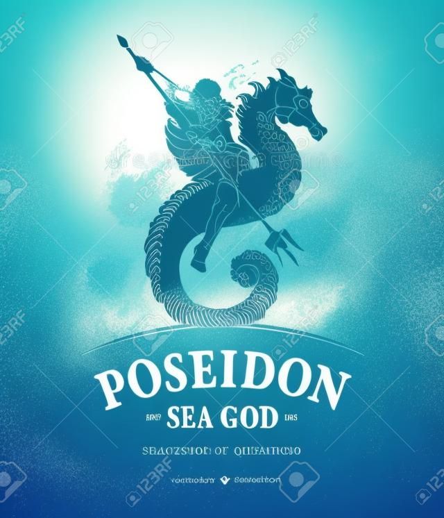 Illustrazione vettoriale del dio Poseidone dei mari in sella a un cavalluccio marino.