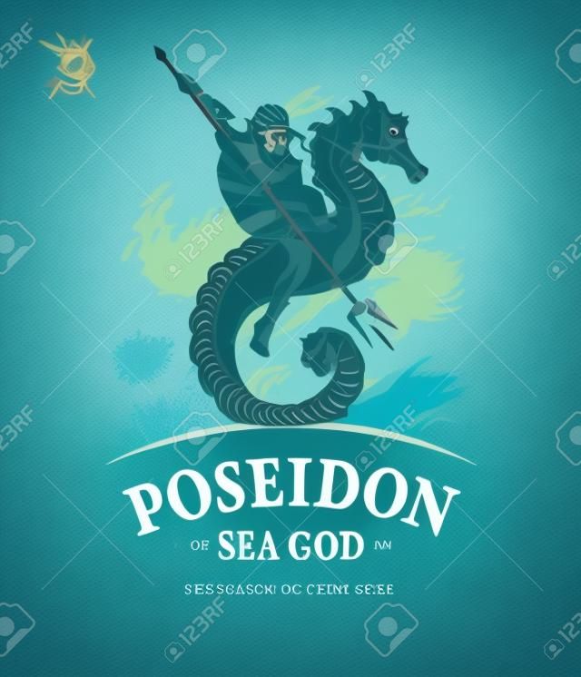 Ilustración del vector del dios de Poseidon de los mares que monta un seahorse.