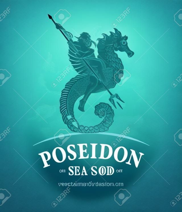 Illustrazione vettoriale del dio Poseidone dei mari in sella a un cavalluccio marino.