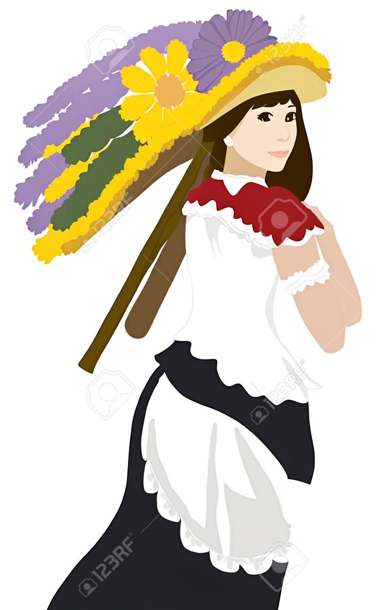 Woman wearing traditional garment and holding on its back a Silleta for the Colombian Festival of the Flowers parade.