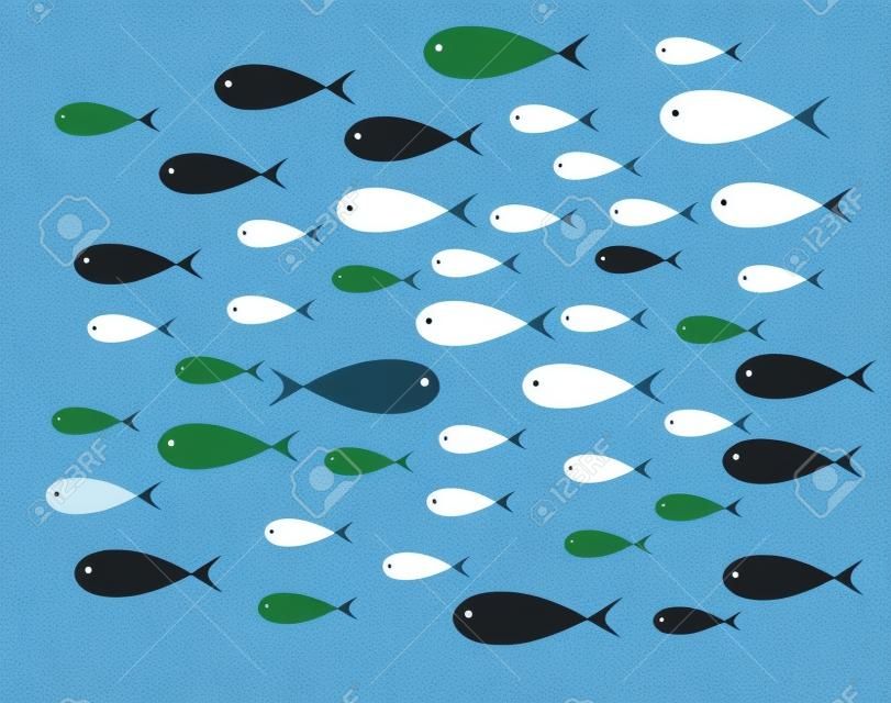 Pescado blanco nadar aguas arriba del frente tonelada de pescado negro sobre fondo azul aqua ilustraciones
