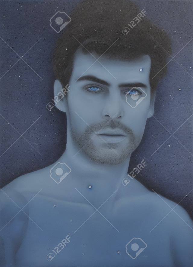 반짝이는 파란 눈으로 당신을 똑바로 바라보고 있습니다. 잘 생긴 남자의 초상화입니다.