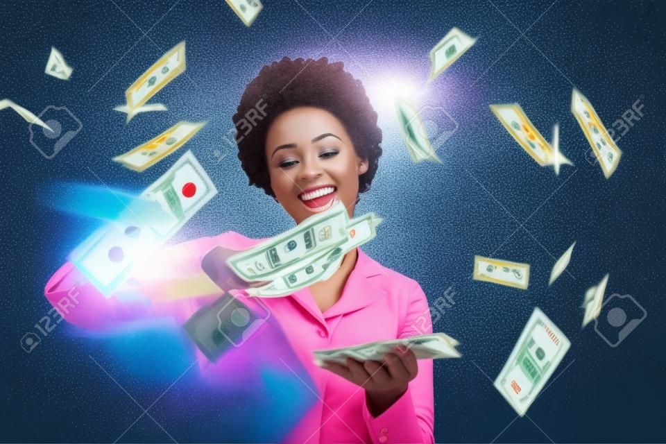 Winner, celebration and raining money with black woman and spray of cash, investment or wealth. Achievement, success and profit with excited young female after winning lotto, cashback or promotion