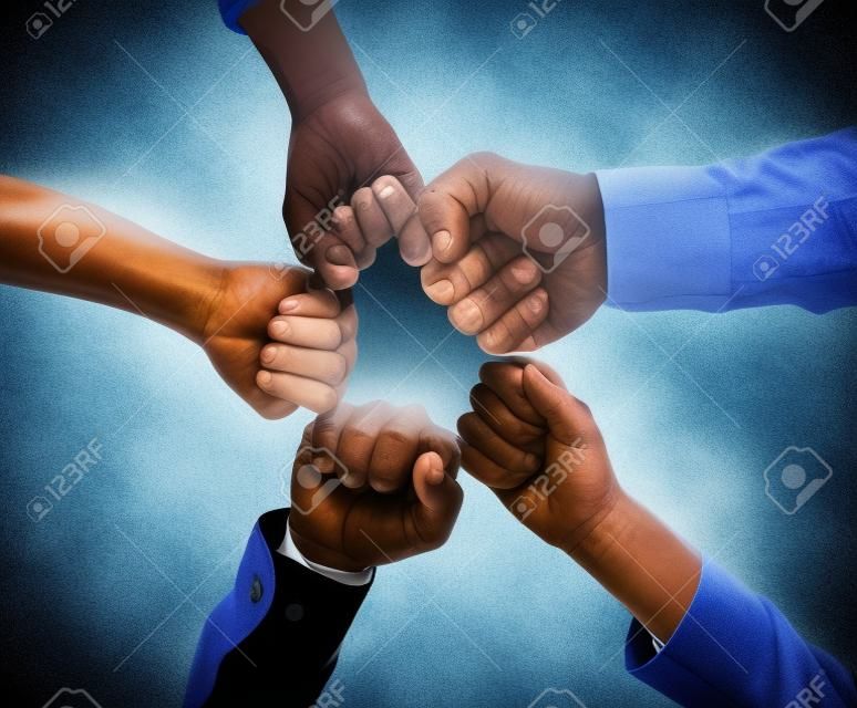 Teamwork collaboration, diversity fist bump and mission success of business. Partnership support, community team building goal and people group together. Contact us, we are hiring and staff hands