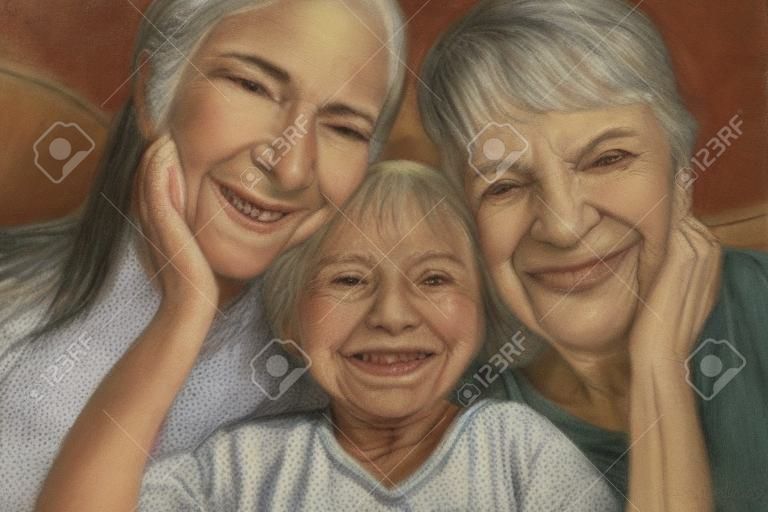 Heureuse maman avec enfant, grand-mère sourit pour portrait et famille de jeunes filles au mexique à la maison ensemble. génération de femmes âgées avec visage âgé, journée internationale de la femme et amour de la fête des mères