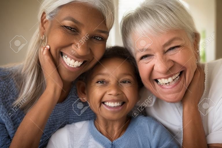 Happy mom with child, grandmother smile for portrait and young girls family in Mexico home together. Senior woman generation with elderly face, international womens day and mothers day love