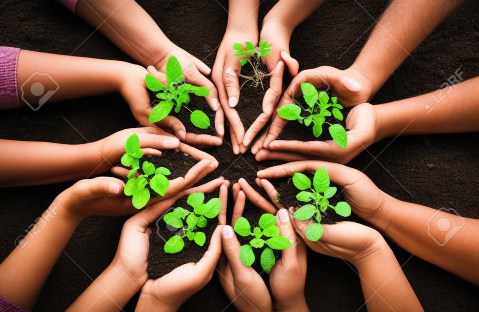 Planet earth is our responsibility. High angle shot of a group of unrecognizable people holding soil and budding plants.