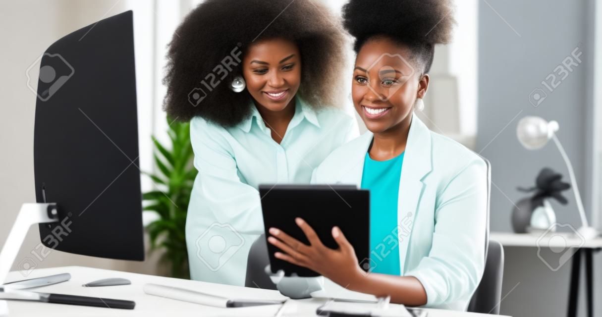 Computer, black african american woman or manager coaching, training or helping an employee with mentorship at office desk. Leadership, collaboration or worker with a question talking or speaking of