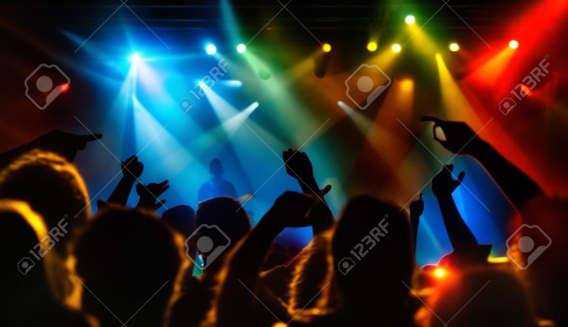 Konzert, Tanz und Publikum bei einem Band-Performance-Techno-Festival und einer Veranstaltung mit Leuten auf einer Bühne im dunklen Nachtclub, die tanzen und Menschenmenge mit Freiheitsenergie und Rock bei einem Musikfestival