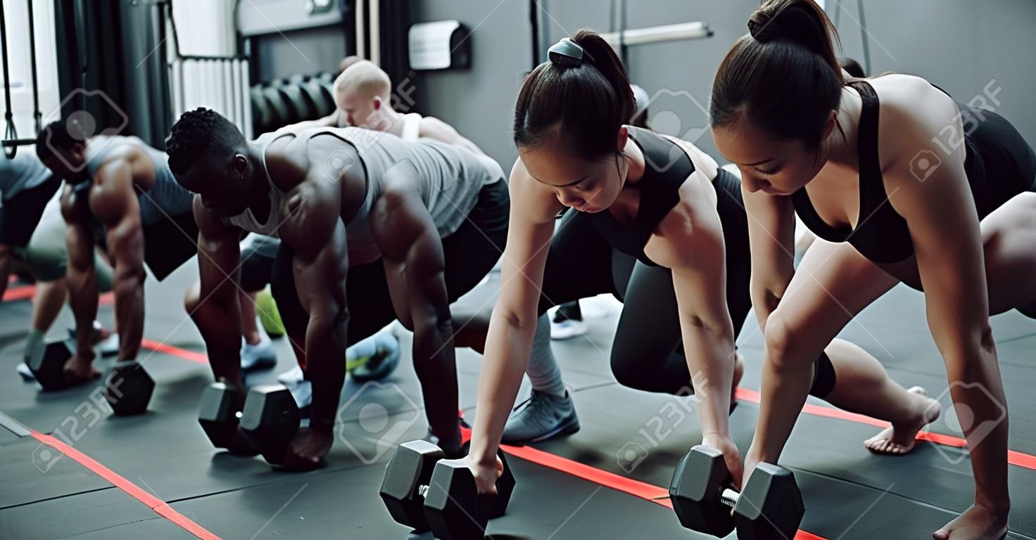 Gym class, weights and plant of workout, training and exercise group with strength. Diversity, people and strong challenge for body lifting and fitness of athlete friends with dumbbell for health