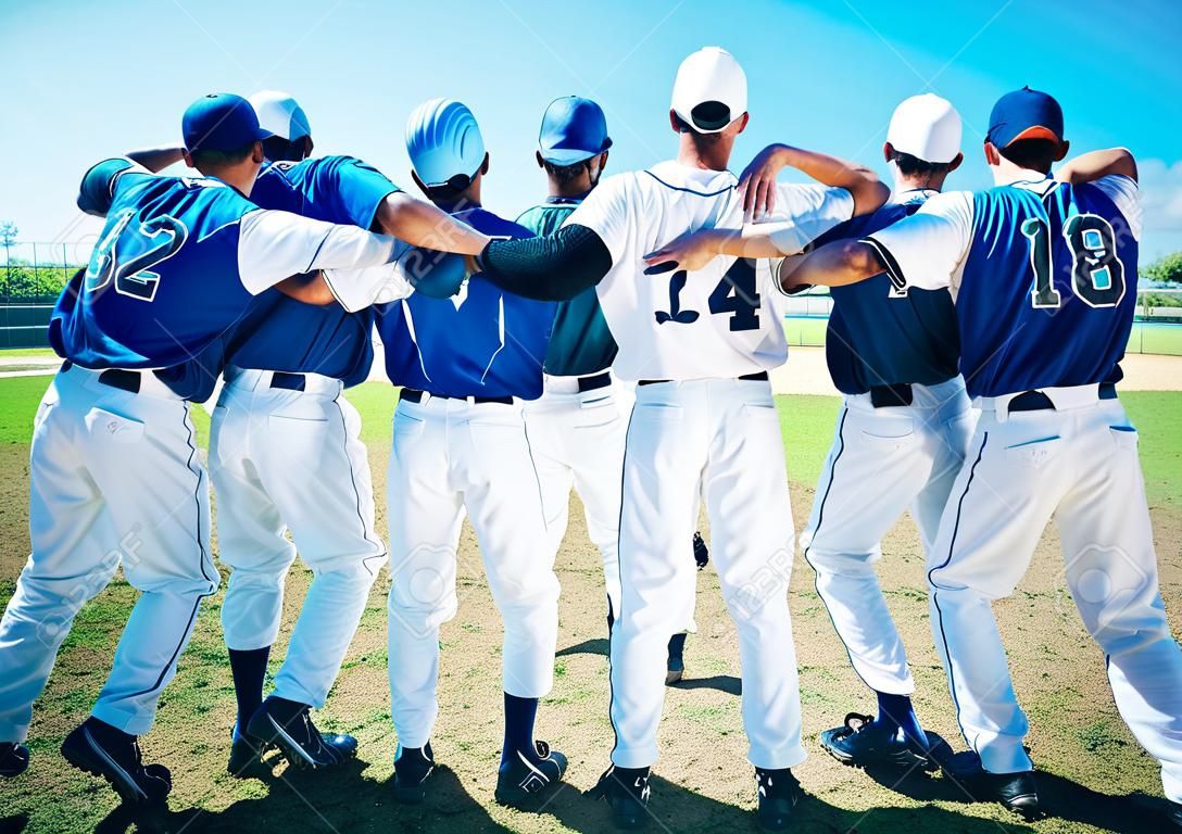Baseball, teamwork and back of men on field for competition, training and practice. Solidarity, support and fitness with group of friends playing in park stadium for sports, diversity and league game