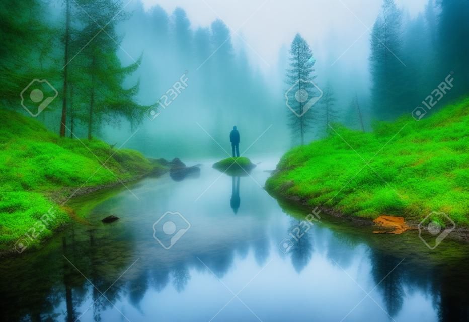 Back, person and hiking by forest river with mist, fog and water in ai generated hiker woods