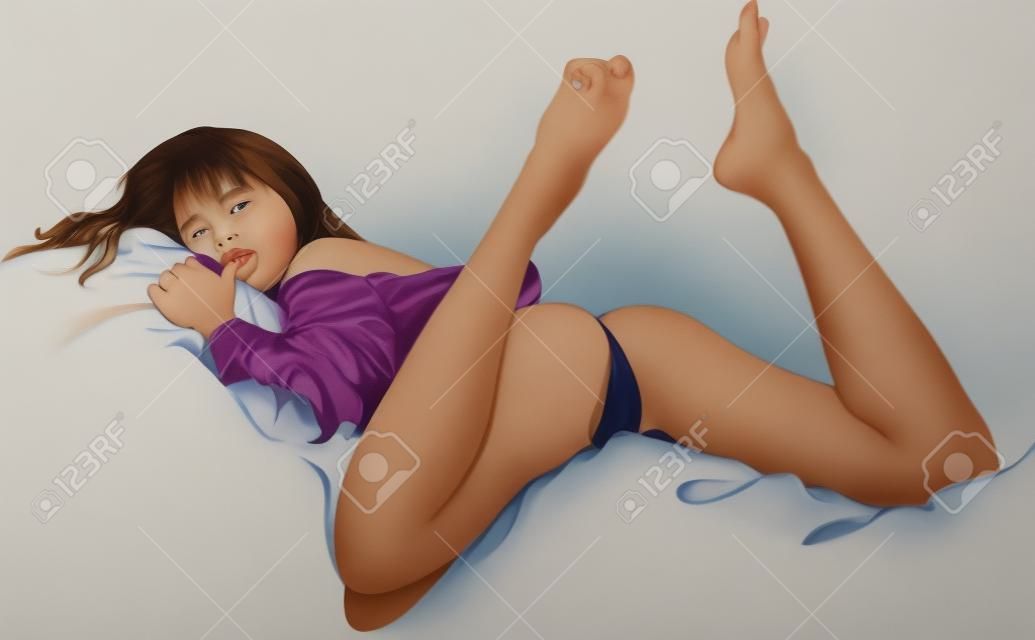 Mädchen im Bett auf dem weißen Hintergrund