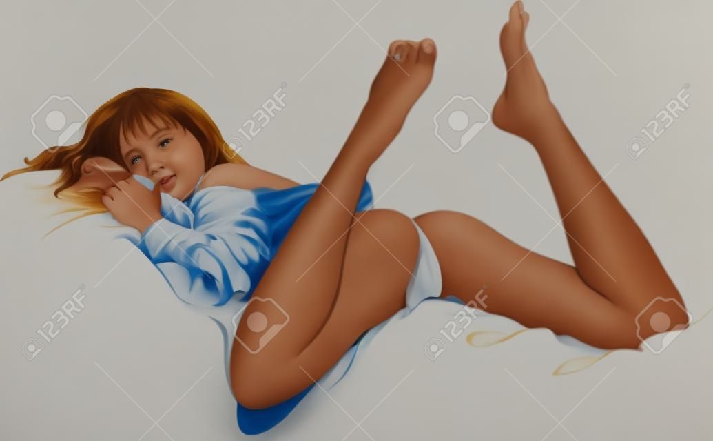Mädchen im Bett auf dem weißen Hintergrund
