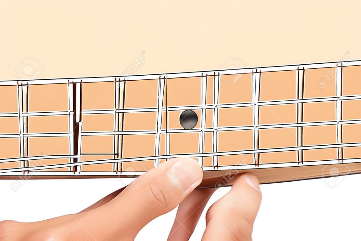 G#7 - dominant 7th keys guitar tutorial series. Closeup of hand playing G sharp dominant seventh chord on guitar, isolated on white background