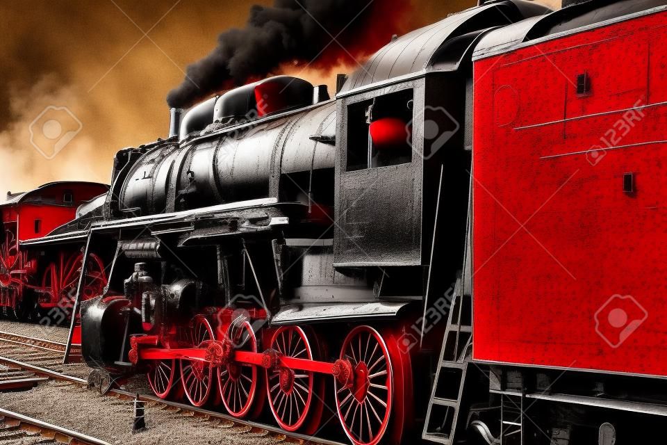 Vintage old black and red steam locomotive.