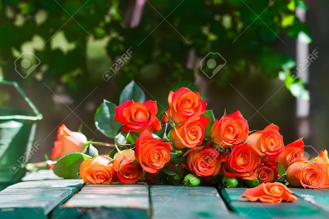 Orange roses on vintage wooden geen background. Soft focus.