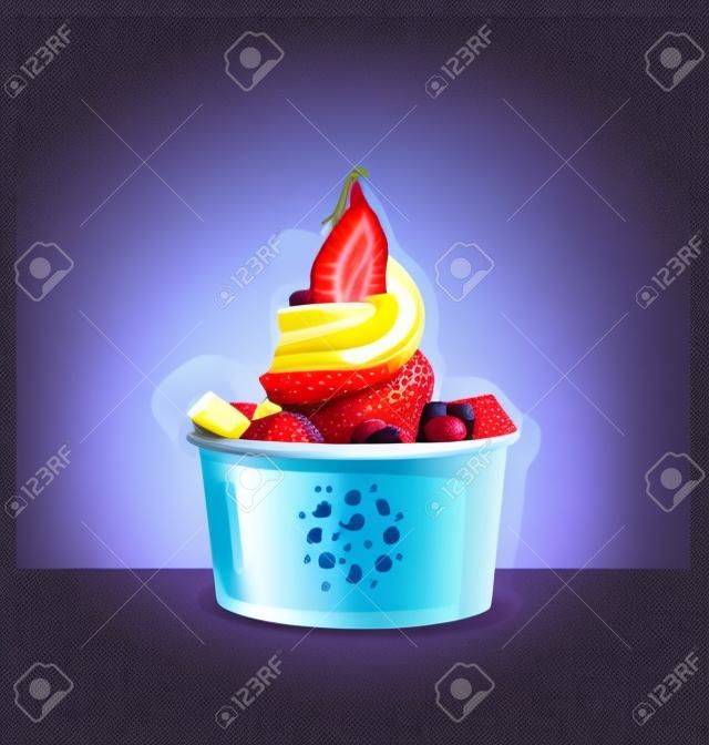 Un grande vetro con gelato, bacche e frutti