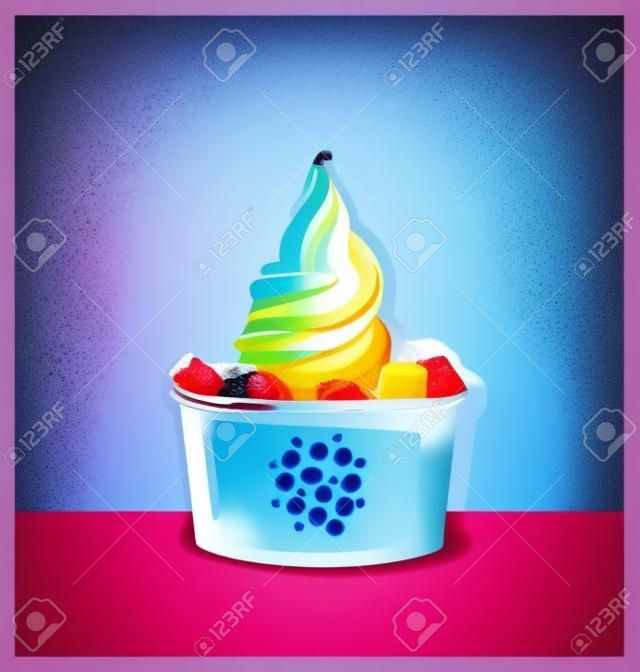 Un grande vetro con gelato, bacche e frutti