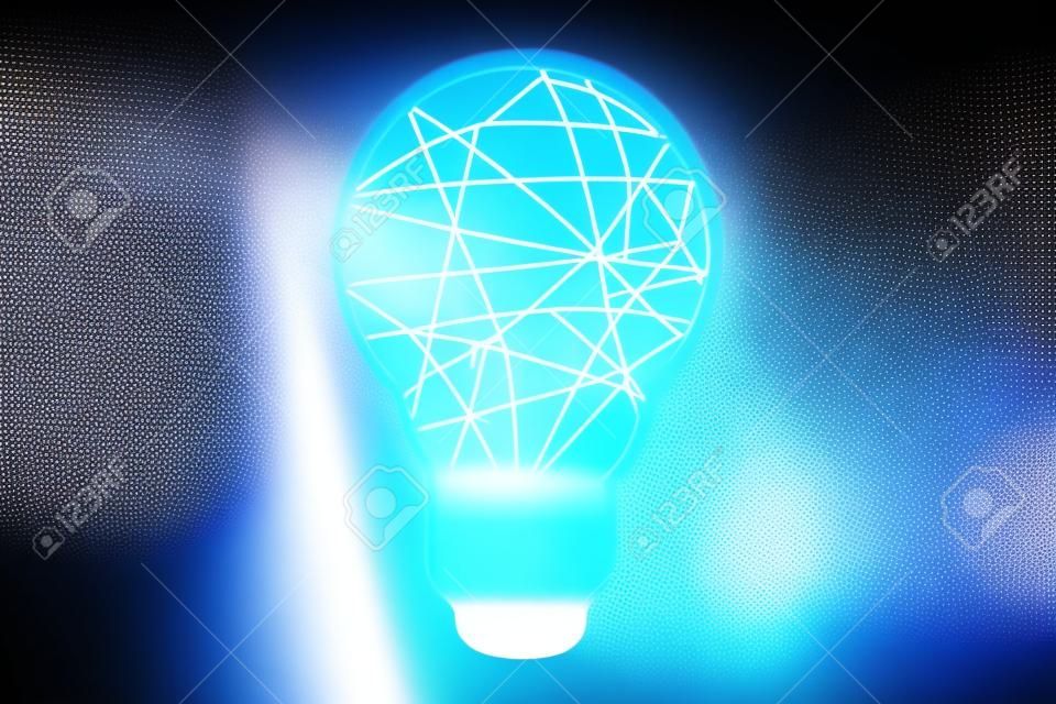 Double exposure of creative light bulb hologram on a modern meeting room background, research and development concept