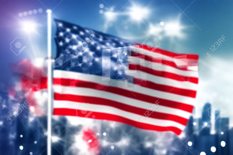 Virtual cyber security creative concept on US flag and city background. Double exposure