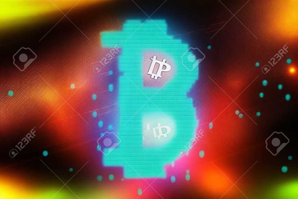 Virtual Bitcoin hologram on blurry abstract metal background. Multiexposure