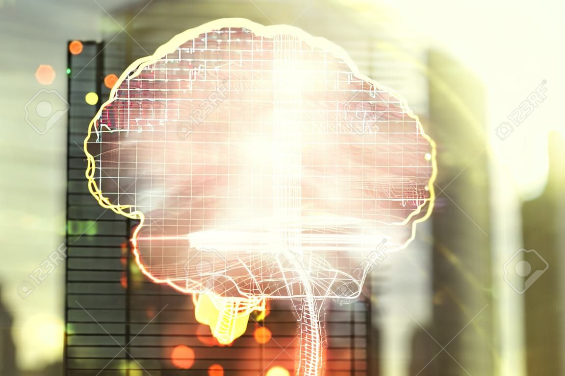 Double exposure of creative human brain microcircuit hologram on blurry cityscape background. Future technology and AI concept