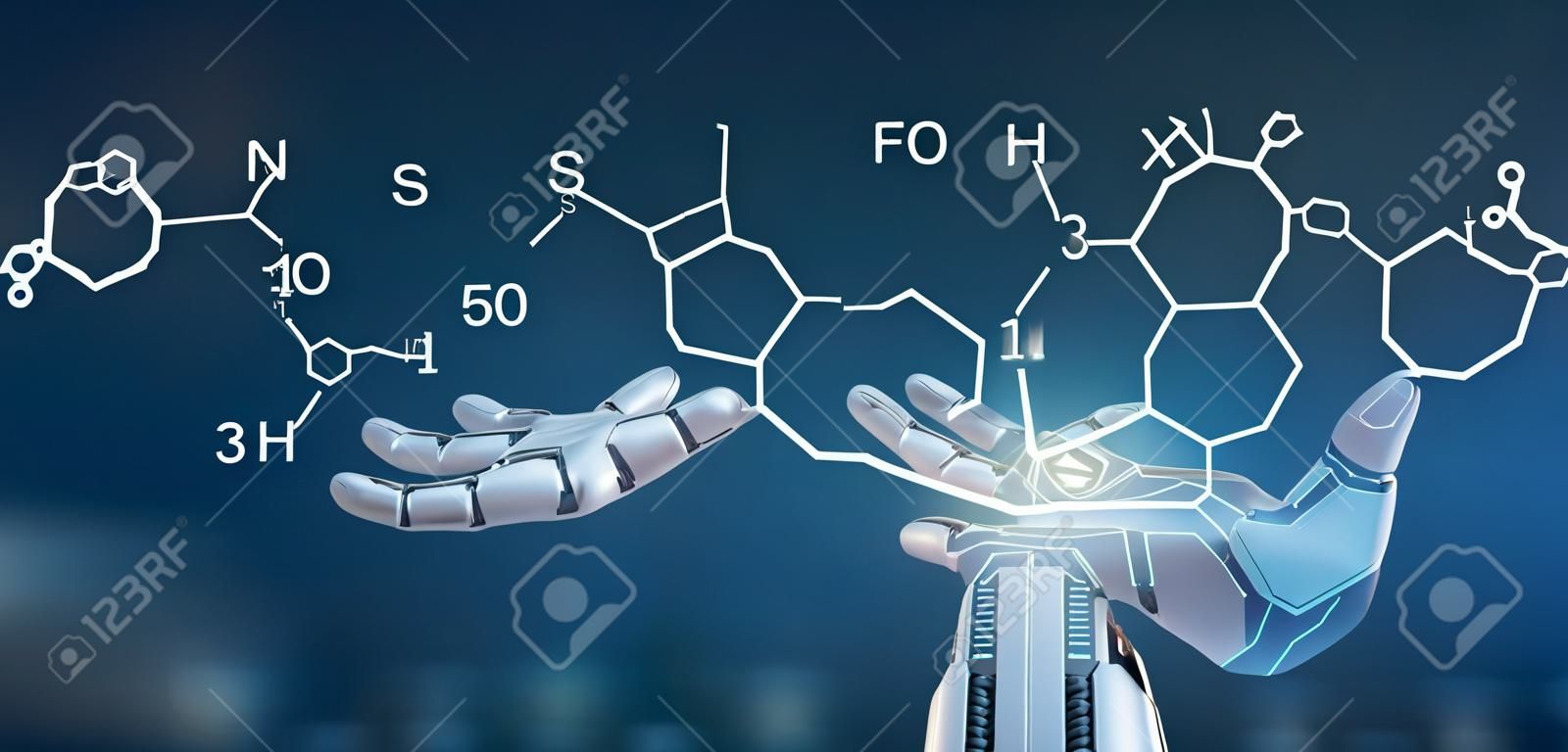 View of a Cyborg hand holding a  molecule structure 3d rendering