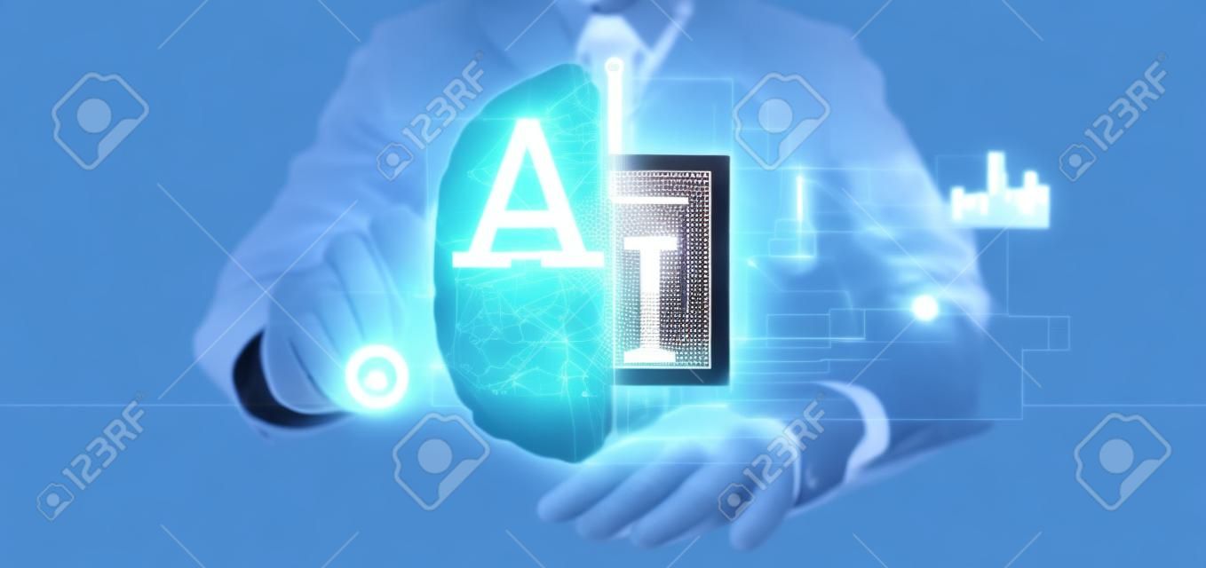 View of Business man holding artificial intelligence icon with half brain and half circuit 3d rendering