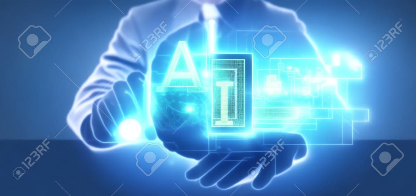 View of Business man holding artificial intelligence icon with half brain and half circuit 3d rendering