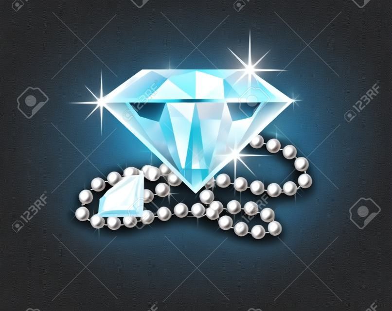 Illustration von zwei großen Diamanten und eine Perlenkette