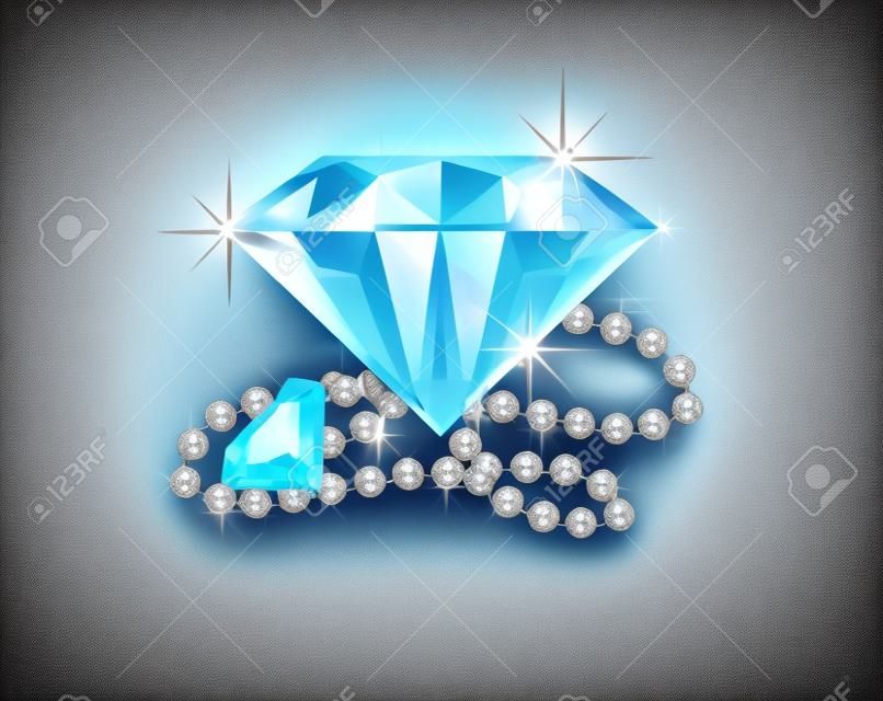 Ilustración de dos diamantes grandes y un collar de perlas