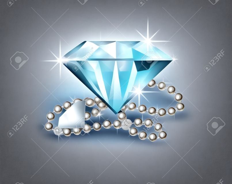 Illustration von zwei großen Diamanten und eine Perlenkette