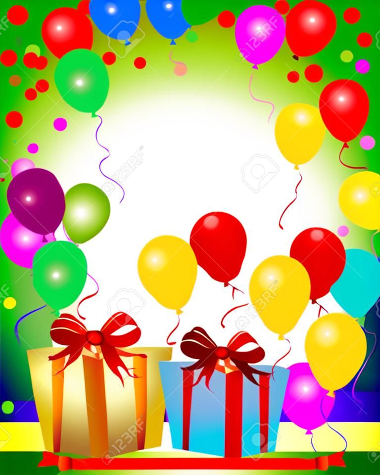 illustratie van een kleurrijke party achtergrond met ballonnen en presenteert