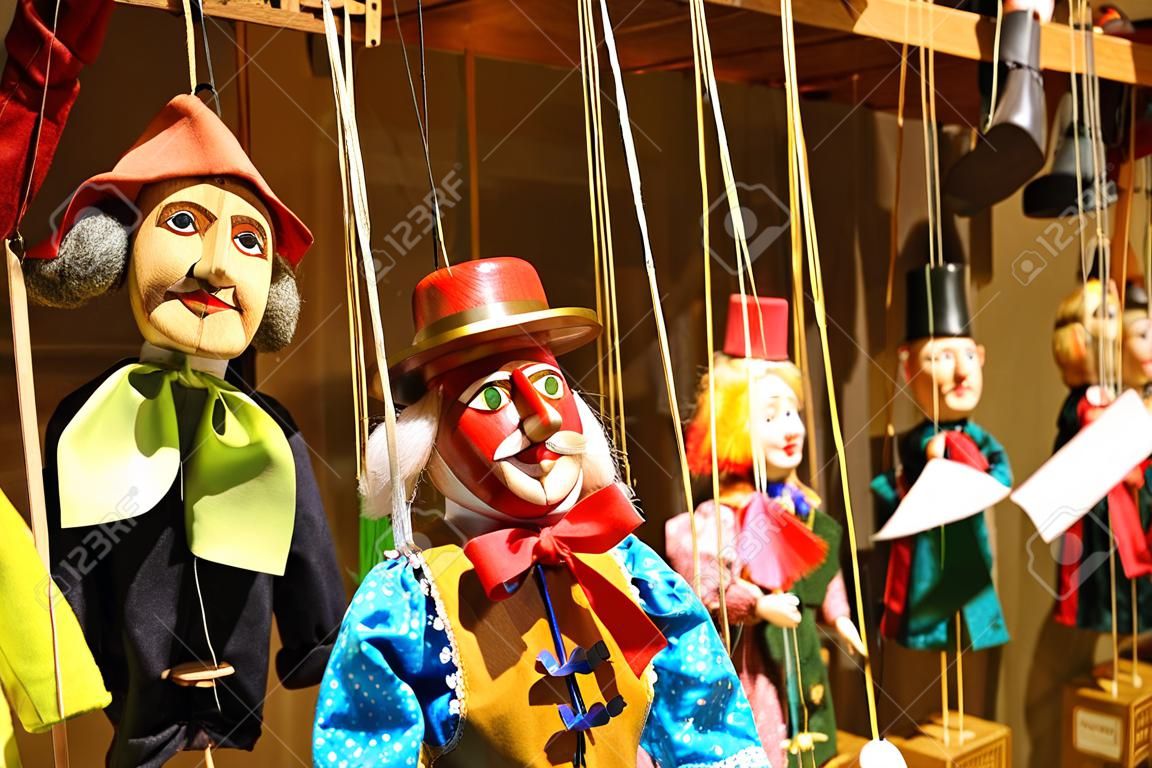 Traditional puppets made of wood. Shop in Prague - Czech Republic