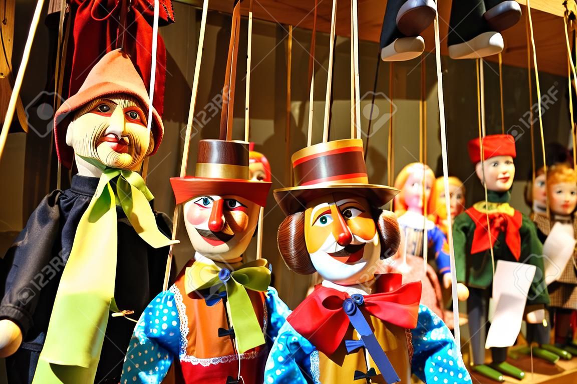 Traditional puppets made of wood. Shop in Prague - Czech Republic