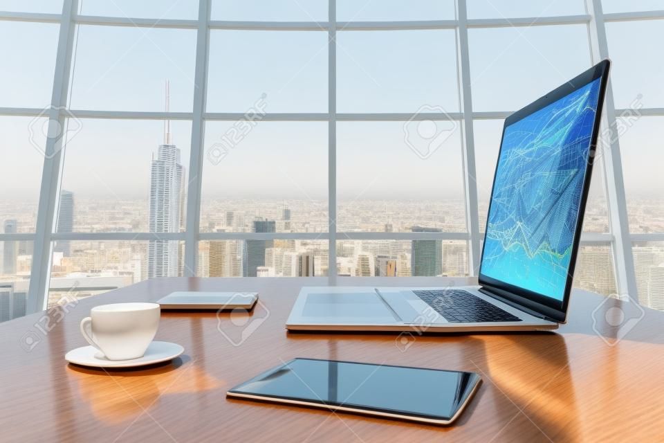 나무 테이블에 비즈니스 차트와 MEGAPOLIS 도시보기, 디지털 태블릿 및 노트북 화면 써니 사무실